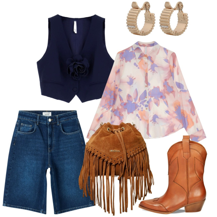 Outfit donna - Fiori, frange e camperos. Stile Urban per Tutti i giorni. Abbinamento con orecchini, bermuda, camicie, borse a secchiello, gilet, stivaletti.