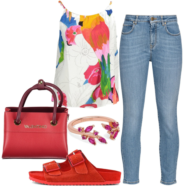 Outfit donna - Vacanza ai tropici. Stile Casual per Tutti i giorni. Abbinamento con anelli, jeans, sandali, borse a spalla, canottiere.