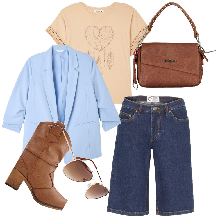 Outfit donna - Lungomare. Stile Casual chic per Tutti i giorni. Abbinamento con stivaletti texani, occhiali da sole, bermuda, t-shirt, blazer, borse a spalla.