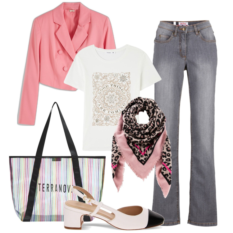 Outfit donna - Brezza d\'aprile. Stile Casual chic per Tutti i giorni. Abbinamento con jeans dritti, foulard, blazer, t-shirt, shopping bag, décolleté.