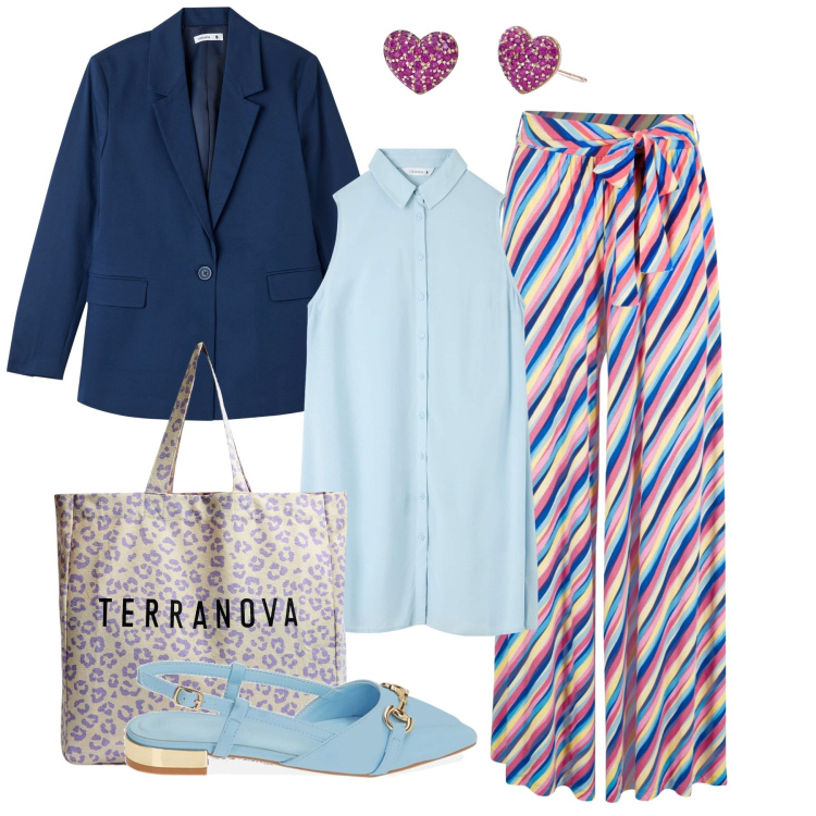 Outfit donna - Righe colorate. Stile Bon Ton per Tutti i giorni. Abbinamento con pantaloni a palazzo, blazer, camicie, shopping bag, orecchini, ballerine.