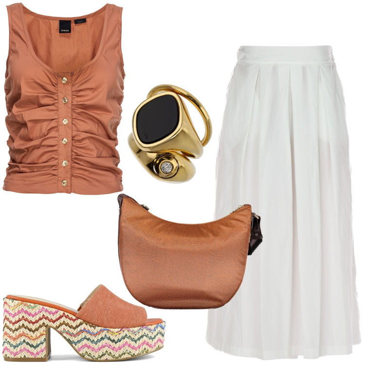 Outfit donna - Anello vistoso. Stile Casual per Tutti i giorni. Abbinamento con top, sandali, borse a tracolla, anelli, gonne.
