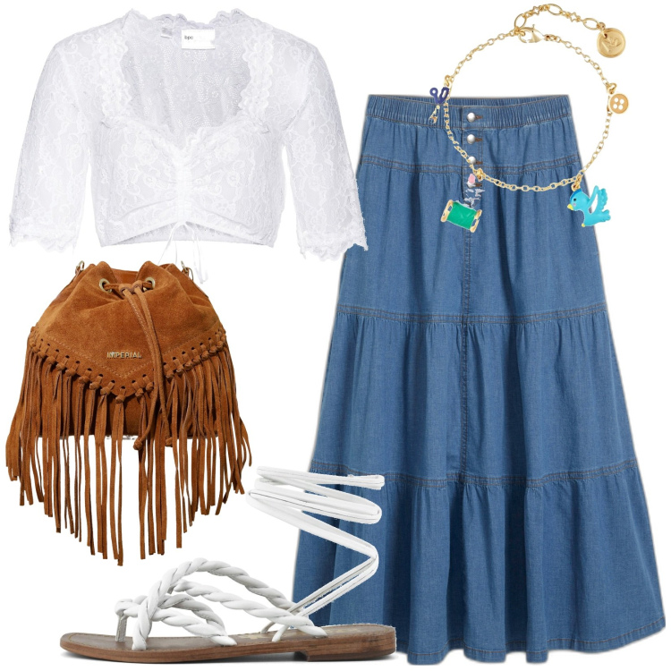 Outfit donna - Tendenza effortless. Stile Boho per Tutti i giorni. Abbinamento con braccialetti, camicie, gonne, borse a secchiello, sandali.