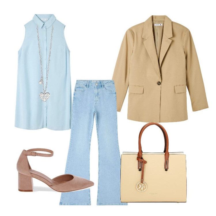 Outfit donna - Celeste e beige. Stile Casual per Tutti i giorni. Abbinamento con blazer, camicie, jeans a zampa, collane, décolleté, borse a mano.
