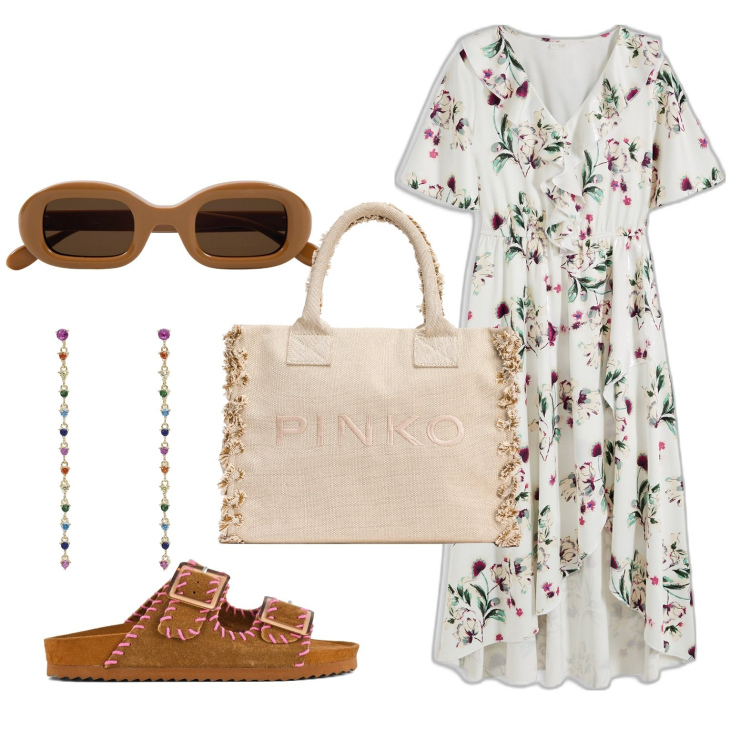Outfit donna - La primavera nell\'aria. Stile Glamour per Tutti i giorni. Abbinamento con vestiti, orecchini, shopping bag, sandali, occhiali da sole.