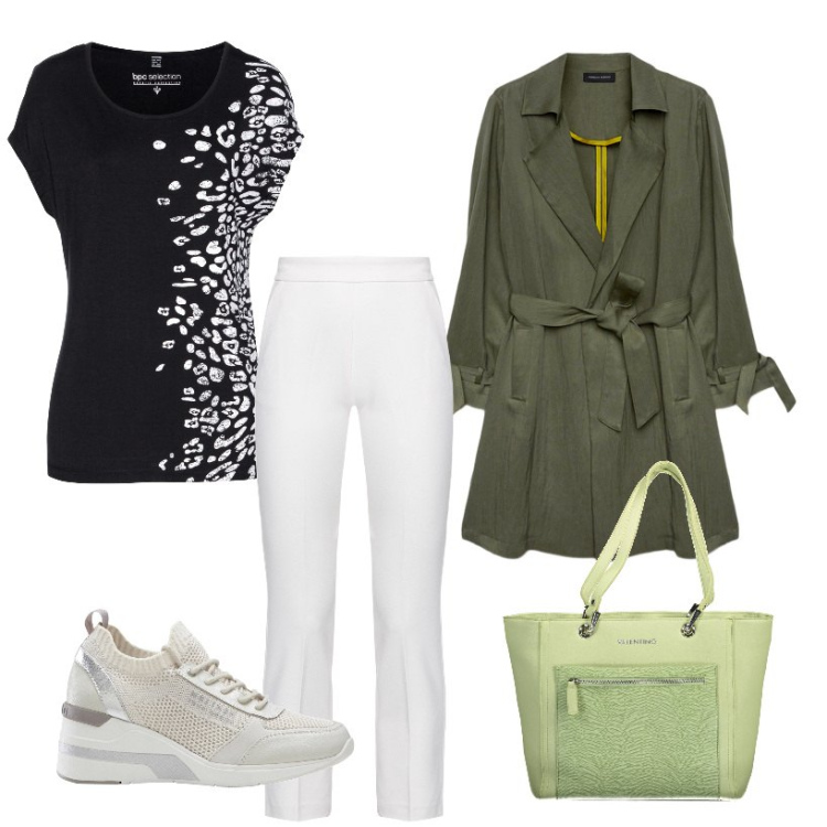 Outfit donna - Sportiva col trench. Stile Casual per Ufficio. Abbinamento con sneakers, t-shirt, pantaloni, trench, borse a spalla.
