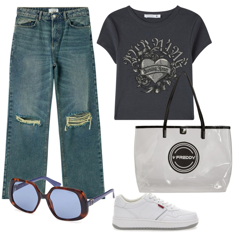 Outfit donna - Pittarello new collection. Stile Basic per Tutti i giorni. Abbinamento con t-shirt, jeans strappati, shopping bag, sneakers, occhiali da sole.