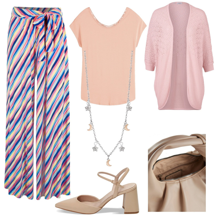 Outfit donna - Rosa pastello girly. Stile Basic per Ufficio. Abbinamento con pantaloni a palazzo, borse a mano, cardigans, maglieria, collane, décolleté.