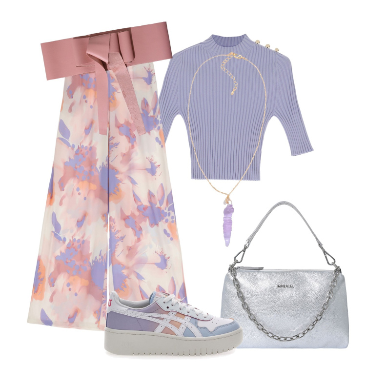 Outfit donna - Compleanno pastello Imperial. Stile Sporty chic per Cerimonia. Abbinamento con collane, cinture, pantaloni, maglieria, pochette, sneakers.