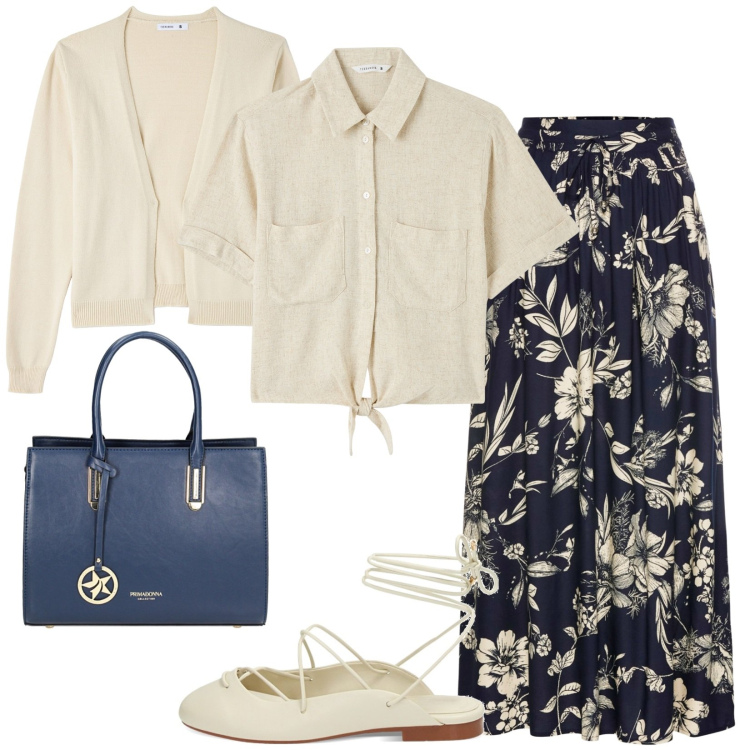 Outfit donna - Total look #1848974. Stile Casual per Tutti i giorni. Abbinamento con gonne lunghe, cardigans, camicie a manica corta, borse a mano, ballerine.