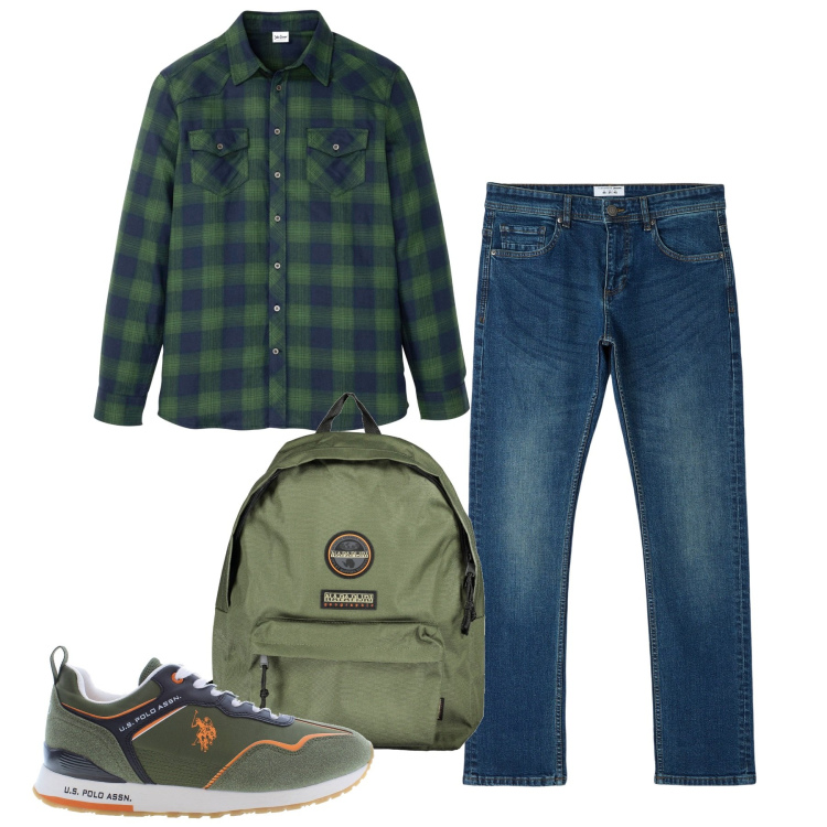 Outfit uomo - Camicia da picnic. Stile Casual per Tutti i giorni. Abbinamento con camicie, jeans dritti, borse sportive, scarpe sportive.