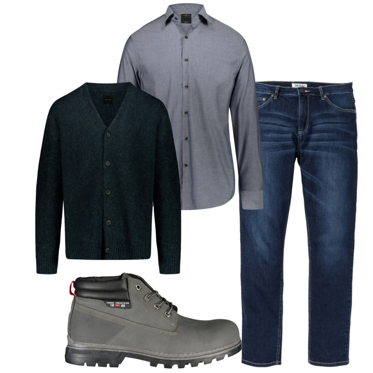 Outfit uomo - Relax tra amici. Stile Casual per Tutti i giorni. Abbinamento con jeans, cardigans, camicie, stivali.