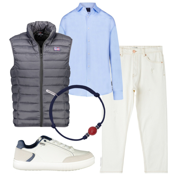 Outfit uomo - Estivo in barca. Stile Casual per Tutti i giorni. Abbinamento con jeans strappati, braccialetti, camicie, scarpe sportive, giacche.