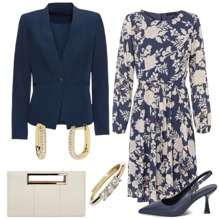 Outfit donna - Total look #1848993. Stile Chic per Cerimonia. Abbinamento con blazer, vestiti, orecchini, anelli, décolleté, pochette.