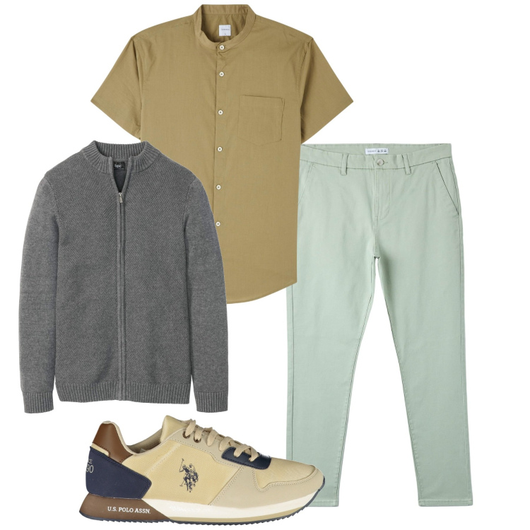 Outfit uomo - Zip e maniche corte. Stile Casual per Tutti i giorni. Abbinamento con cardigans, camicie a manica corta, pantaloni skinny, scarpe sportive.
