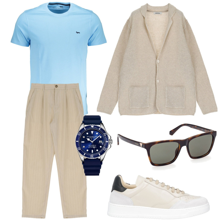 Outfit uomo - Brunch sabbia e cielo. Stile Casual per Ufficio. Abbinamento con giacche, pantaloni, orologi, sneakers, t-shirt, occhiali da sole.