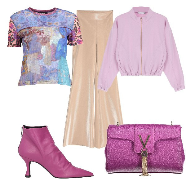 Outfit donna - Total look #1849069. Stile Trendy per Serata fuori. Abbinamento con pantaloni, stivaletti, felpe, t-shirt, borse a tracolla.