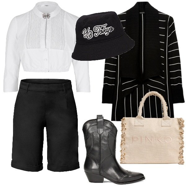 Outfit donna - Total look #1849078. Stile Urban per Tutti i giorni. Abbinamento con bermuda, camicie, shopping bag, stivaletti, cardigans, cappelli.
