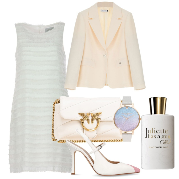 Outfit donna - Mille sfumature di bianco. Stile Chic per Cerimonia. Abbinamento con orologi digitali, profumi, blazer, borse a tracolla, vestiti, décolleté.