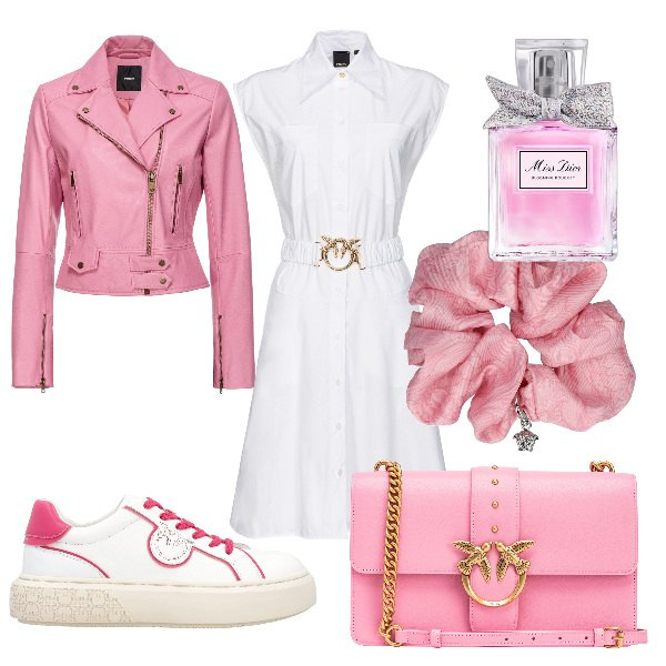 Outfit donna - Total look #1849100. Stile Romantica per Tutti i giorni. Abbinamento con profumi, borse a tracolla, vestiti chemisier, sneakers, giacche, accessori per capelli.
