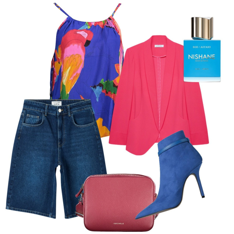Outfit donna - Oggi in technicolor. Stile Urban per Serata fuori. Abbinamento con stivaletti, profumi, bermuda, canottiere, blazer, borse a tracolla.