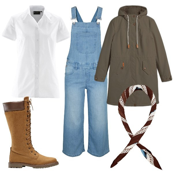 Outfit donna - Total look #1849104. Stile Basic per Tutti i giorni. Abbinamento con camicie a manica corta, salopette, cappotti, stivali sopra il ginocchio, foulard.