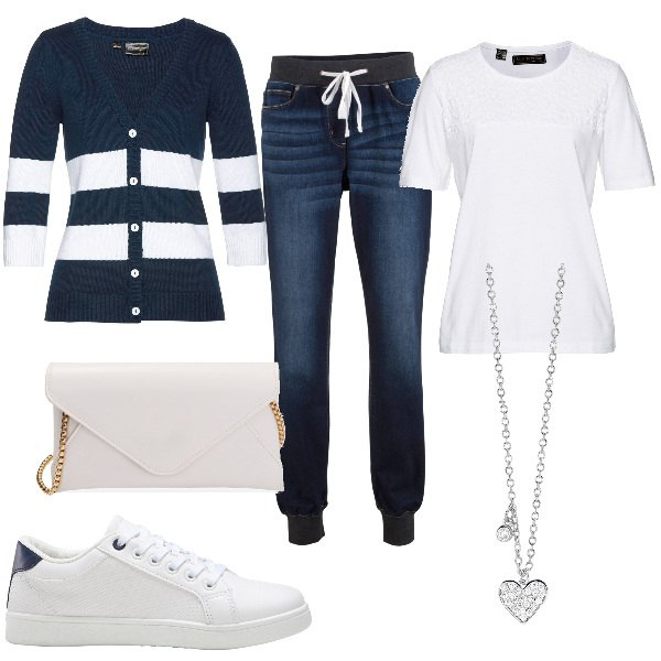 Outfit donna - Total look #1849110. Stile Basic per Tutti i giorni. Abbinamento con jeans boyfriend, cardigans, sneakers, t-shirt, collane, pochette.
