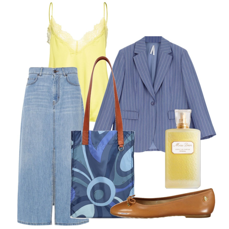 Outfit donna - Sotto braccio con Dior. Stile Bon Ton per Tutti i giorni. Abbinamento con profumi, top, blazer, ballerine, shopping bag, gonne longuette.