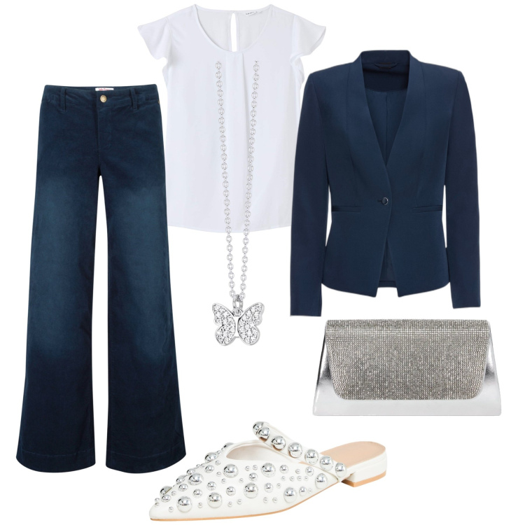 Outfit donna - In ufficio con le mules. Stile Casual chic per Ufficio. Abbinamento con pantaloni, blazer, bluse, ballerine, collane, pochette.