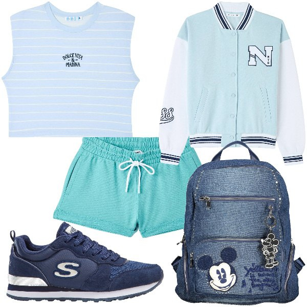 Outfit donna - Total look #1849128. Stile Basic per Tutti i giorni. Abbinamento con sneakers, t-shirt, bomber, pantaloni corti, zaini.