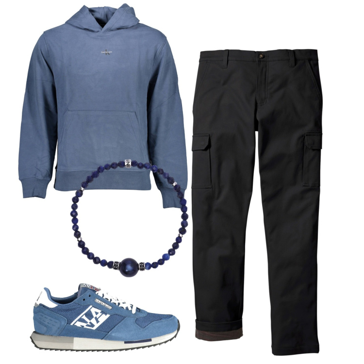 Outfit uomo - Urban blue. Stile Urban per Tutti i giorni. Abbinamento con pantaloni cargo, braccialetti, felpe con cappuccio, scarpe sportive.