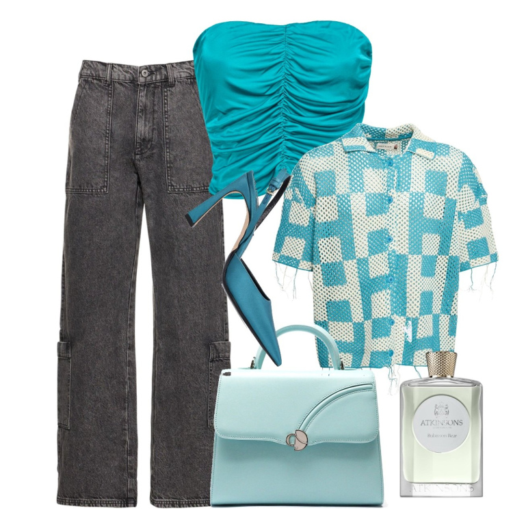Outfit donna - Fresco turchese. Stile Casual chic per Tutti i giorni. Abbinamento con profumi, top, camicie a manica corta, décolleté, pantaloni, borse a mano.