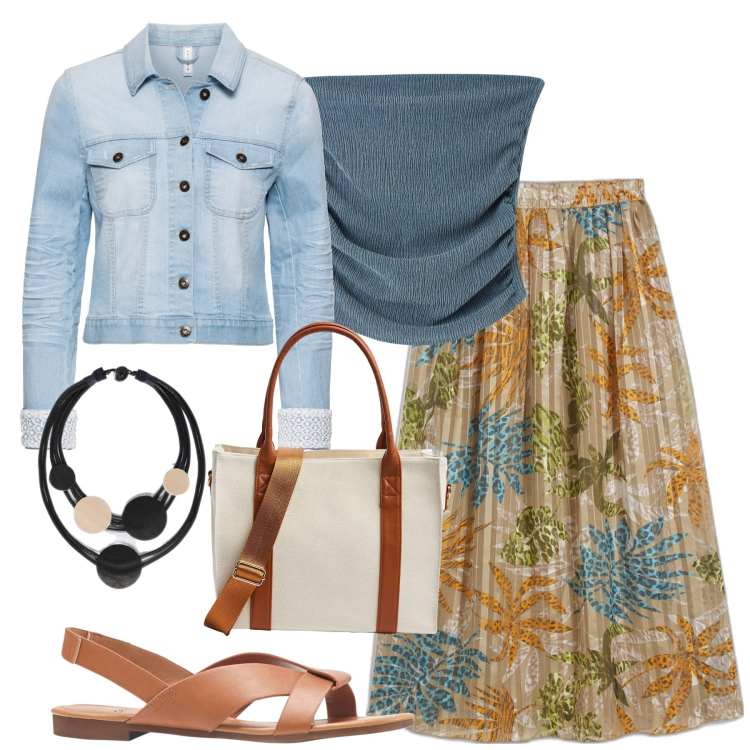 Outfit donna - City. Stile Boho per Tutti i giorni. Abbinamento con blazer, sandali, gonne lunghe, top, shopping bag, collane.
