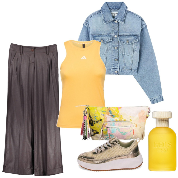 Outfit donna - Un giallo caldo. Stile Casual chic per Tutti i giorni. Abbinamento con profumi, blazer, sneakers alte, pantaloni, canottiere, borse a tracolla.