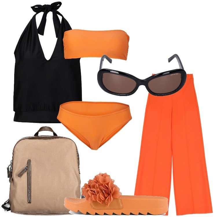 Outfit donna - Primo week end al mare. Stile Trendy per Mare. Abbinamento con costumi interi, pantaloni a palazzo, ciabatte, zaini, occhiali da sole.