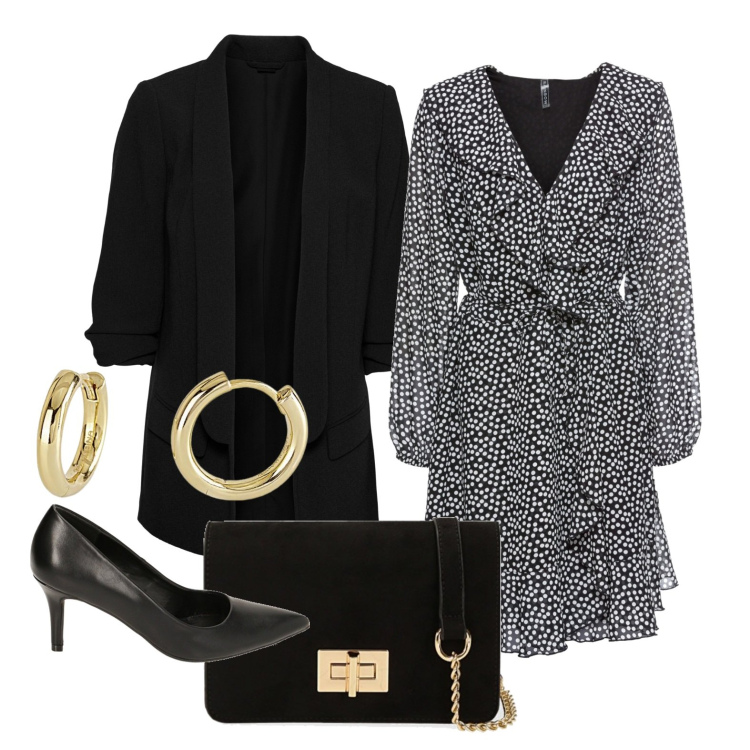 Outfit donna - La giacca dal taglio easy. Stile Casual chic per Serata fuori. Abbinamento con blazer, vestiti, orecchini, décolleté, borse a tracolla.