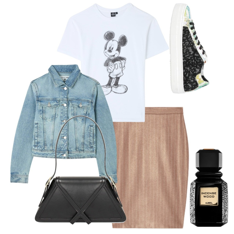 Outfit donna - Leggera. Stile Urban per Tutti i giorni. Abbinamento con profumi, sneakers, blazer, t-shirt, borse a mano, gonne.