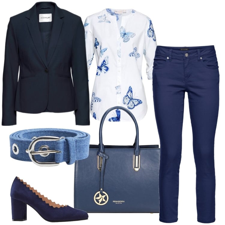 Outfit donna - La giacca blu- focus donna curvy. Stile Mannish per Ufficio. Abbinamento con blazer, camicie, pantaloni, décolleté, cinture, borse a mano.