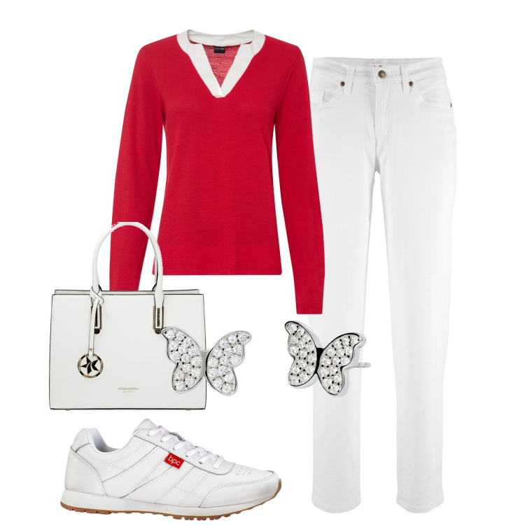 Outfit donna - City. Stile Casual per Tutti i giorni. Abbinamento con jeans mom, sneakers, maglieria, orecchini, borse a mano.