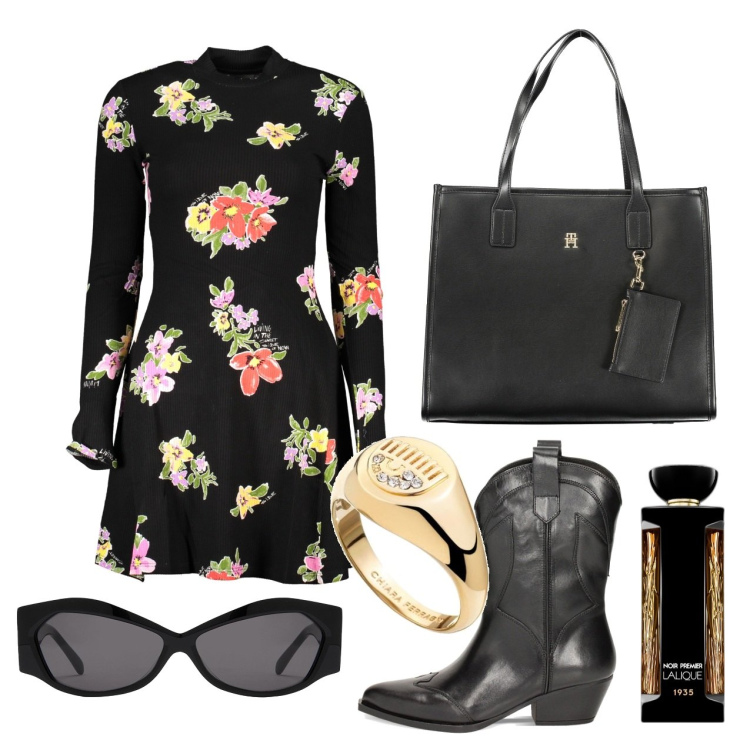 Outfit donna - Total black ma fiorito. Stile Trendy per Tutti i giorni. Abbinamento con anelli, profumi, stivaletti, occhiali da sole, vestiti corti, borse a spalla.