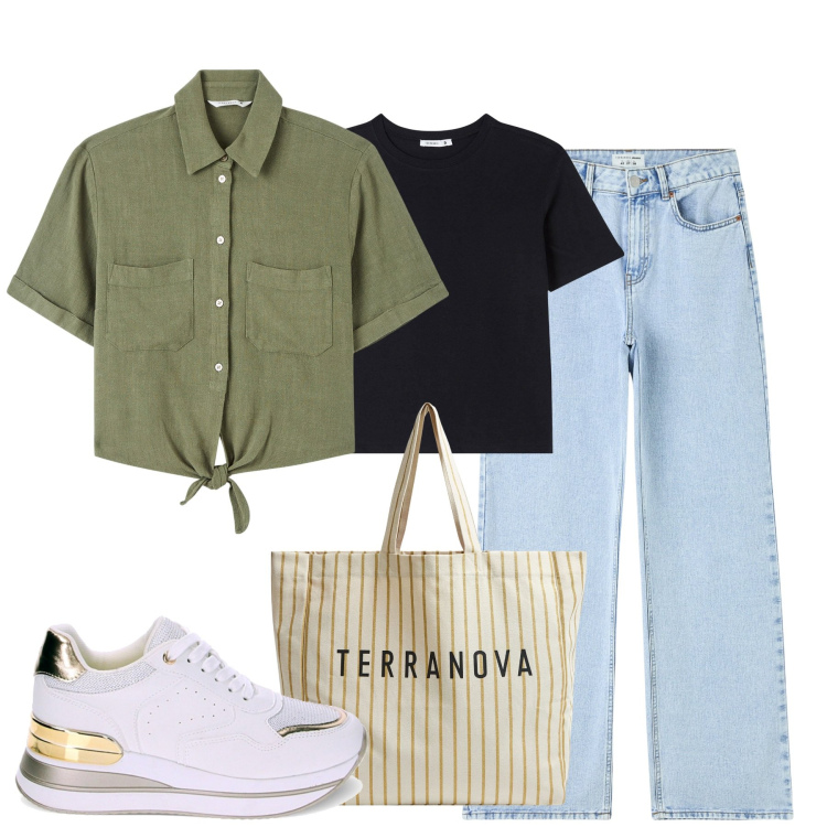 Outfit donna - Primavera in jeans e camicia. Stile Casual per Tutti i giorni. Abbinamento con jeans, borse tote, camicie a manica corta, t-shirt, sneakers.