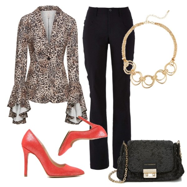 Outfit donna - Sexy woman. Stile Sexy per Serata fuori. Abbinamento con pantaloni, blazer con volant fantasia, pantaloni, borsa nero, décolleté.