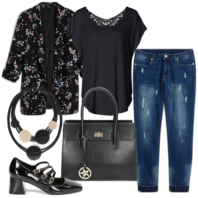 Outfit donna - La giacca a fiori - focus donna curvy. Stile Casual chic per Tutti i giorni. Abbinamento con jeans skinny, blazer, maglieria, décolleté, borse a mano, collane.