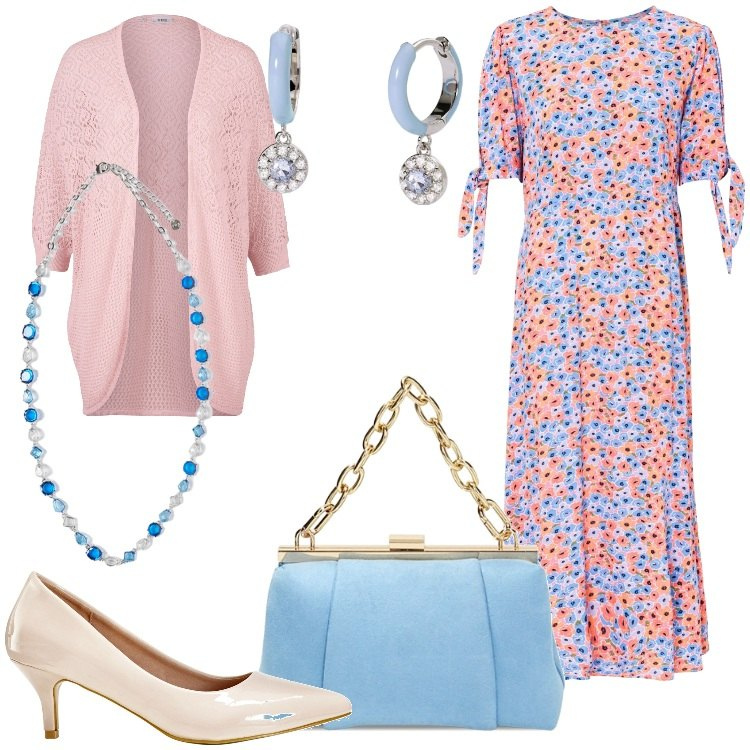 Outfit donna - Dolcezze primaverili. Stile Romantica per Serata fuori. Abbinamento con vestiti midi/longuette, cardigans, décolleté, orecchini, collane, borse a spalla.