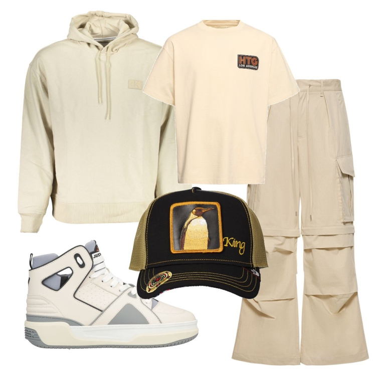 Outfit uomo - Total look #1849226. Stile Casual per Tutti i giorni. Abbinamento con sneakers alte, pantaloni cargo, felpe con cappuccio, t-shirt, cappelli con visiera.