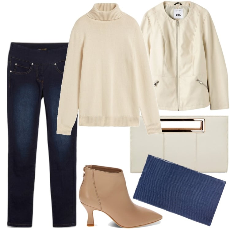 Outfit donna - Basic per la primavera - focus donna cur. Stile Casual chic per Tutti i giorni. Abbinamento con jeans, maglieria, blazer, stivaletti, pochette, stole.
