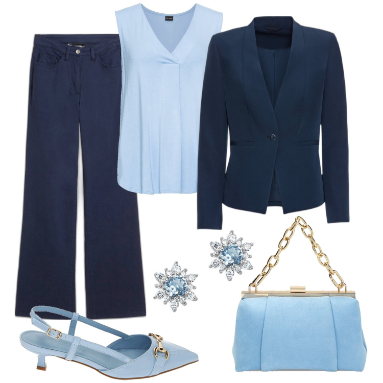 Outfit donna - Celeste e blu a cena. Stile Chic per Serata fuori. Abbinamento con blazer, pantaloni, top, orecchini, décolleté, borse a spalla.