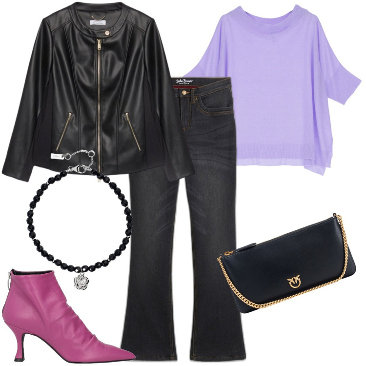 Outfit donna - La giacca biker da mattina a sera. Stile Rock per Serata fuori. Abbinamento con jeans bootcut, stivaletti, braccialetti, borse a tracolla, maglieria, blazer.