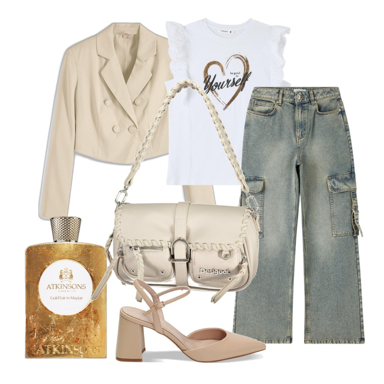 Outfit donna - Cargo e tacco. Stile Casual chic per Tutti i giorni. Abbinamento con blazer, profumi, t-shirt, jeans, décolleté, borse a spalla.