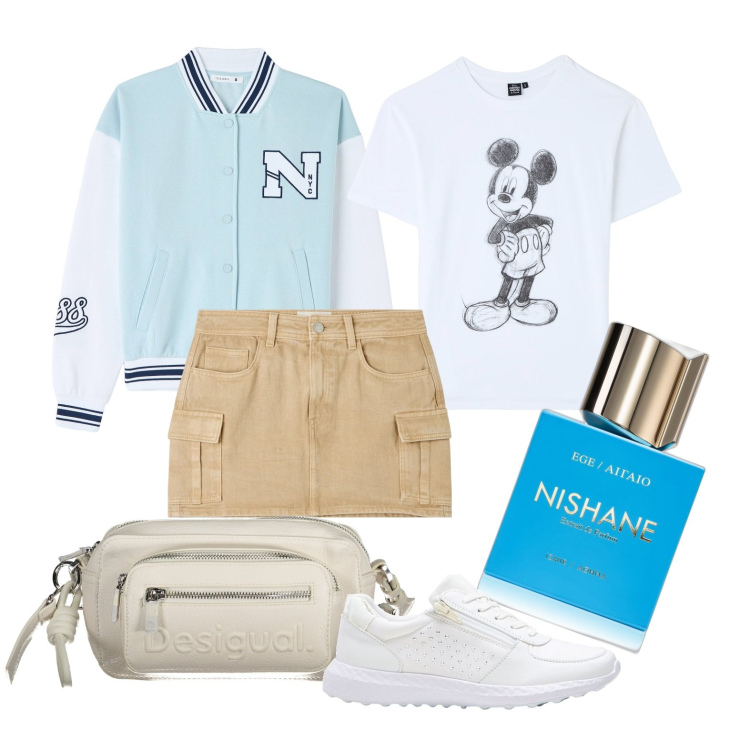 Outfit donna - Simpatica e vivace. Stile Preppy per Tutti i giorni. Abbinamento con sneakers, profumi, minigonne, t-shirt, bomber, borse a spalla.